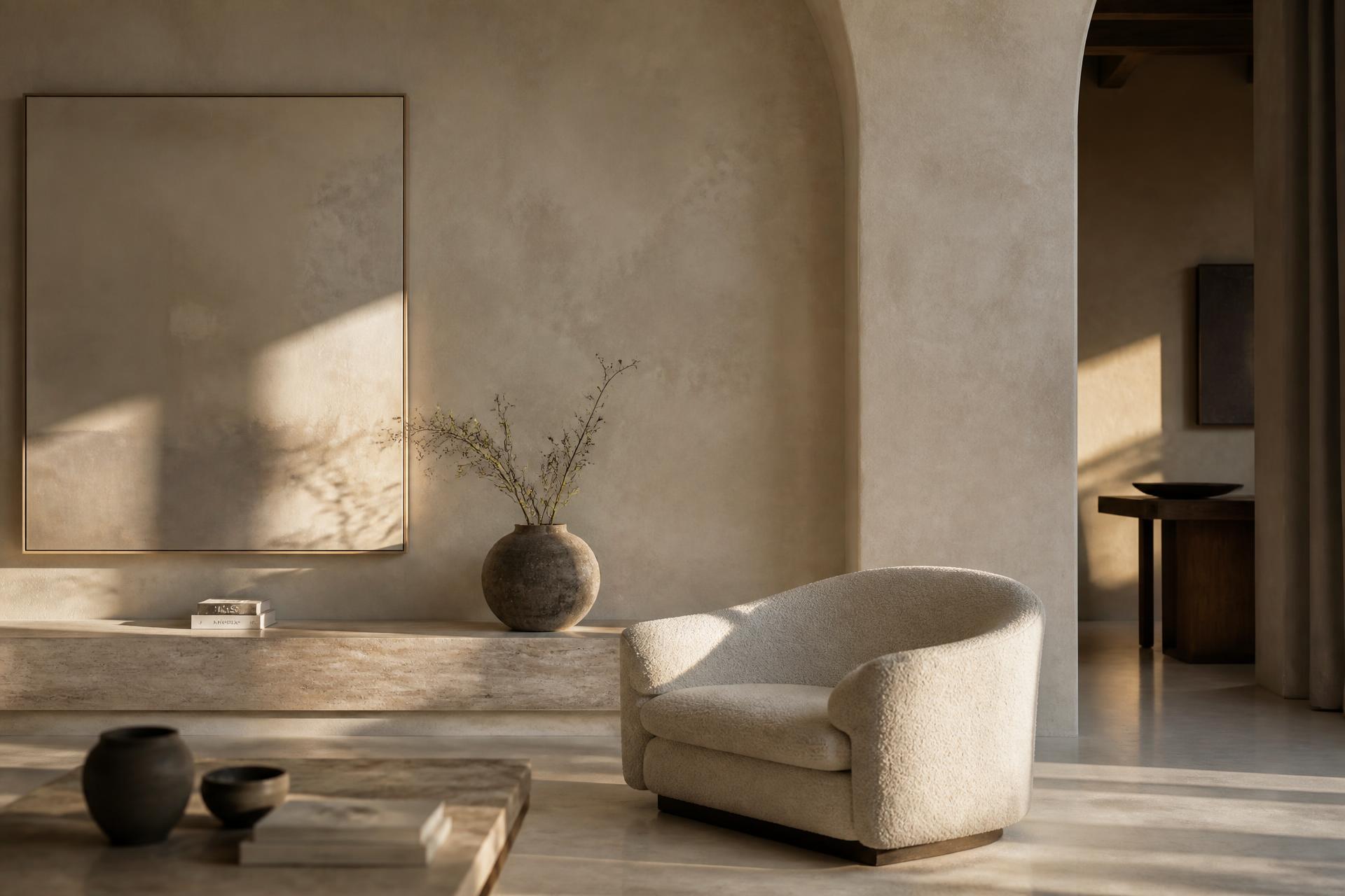 Warm ivory Venetian plaster living room with sculptural furniture